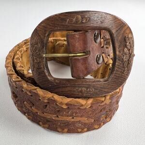 Rustic Multicolor Cutout Brown Leather Belt Wood Buckle Made in Mexico Size S